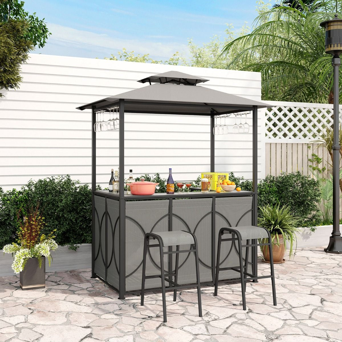 Tonnelle De Barbecue 3 Pcs Avec 2 Tabourets De Bar Abri Barbecue Avec Plateau En Verre Trempé Étagères En Métal 194X121X242Cm Gris/Marron