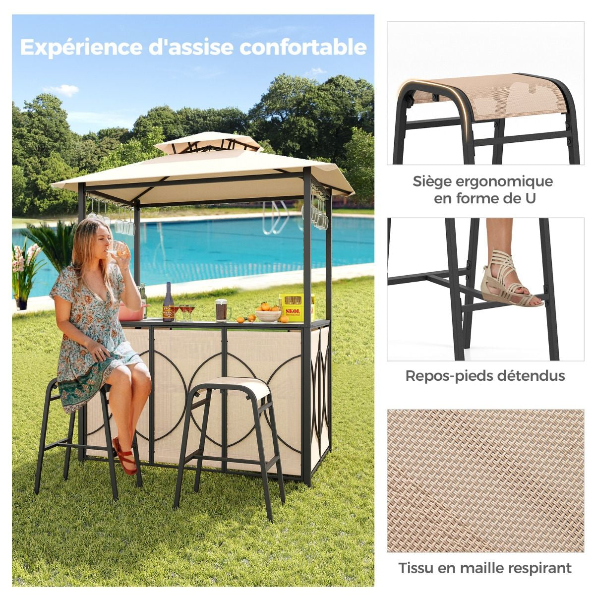 Tonnelle De Barbecue 3 Pcs Avec 2 Tabourets De Bar Abri Barbecue Avec Plateau En Verre Trempé Étagères En Métal 194X121X242Cm Gris/Marron