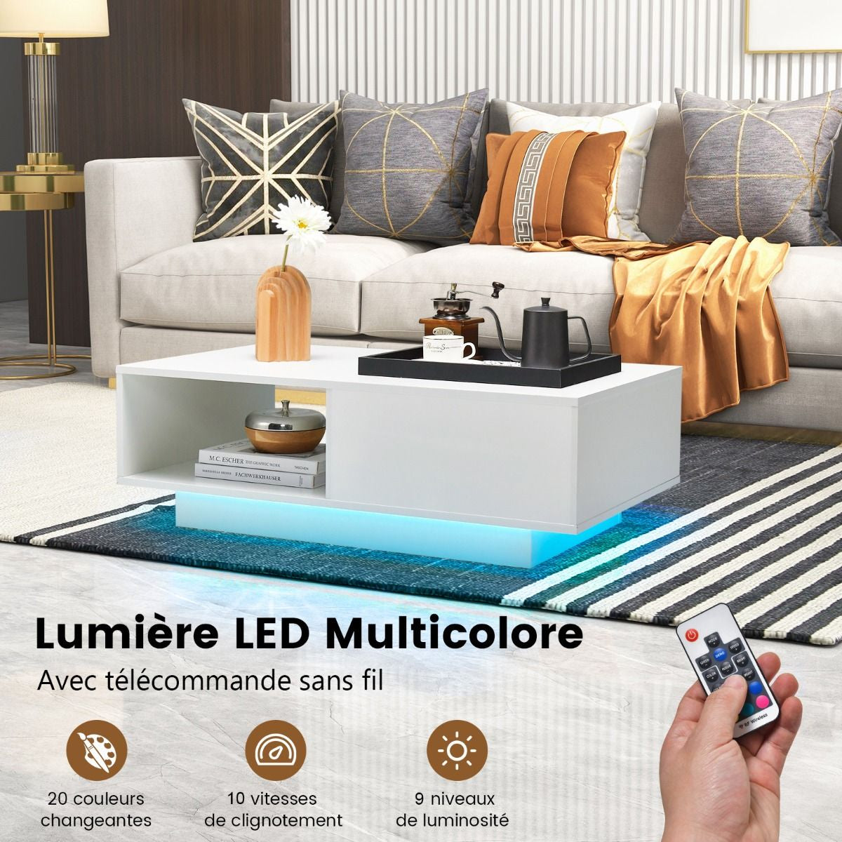 Table Basse Contemporain Avec Lumières LED 20 Couleurs 95X55X31 CM Table De Salon Avec Grand Tiroir Et Compartiment Blanc/Noir