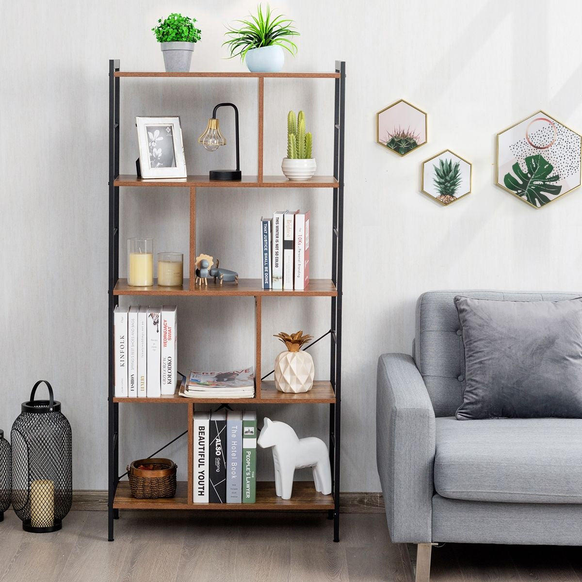 Bibliothèque À 5 Niveaux Style Industriel Etagère De Rangement Moderne Capacité 100 Kg En Acier 74X30X155Cm Brun