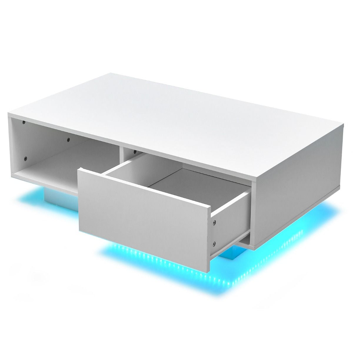Table Basse Contemporain Avec Lumières LED 20 Couleurs 95X55X31 CM Table De Salon Avec Grand Tiroir Et Compartiment Blanc/Noir