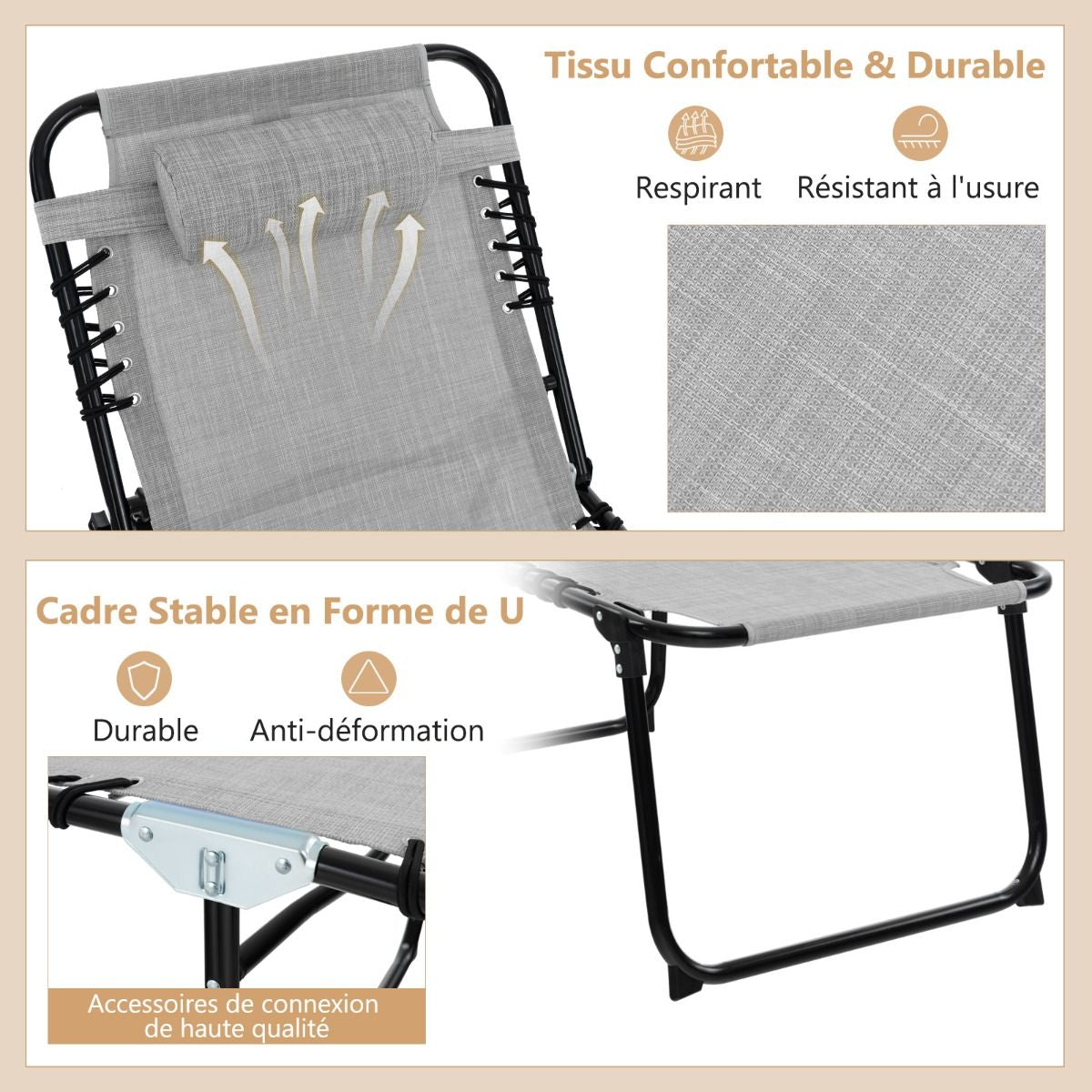 Chaise Longue Pliante Avec Appuie-Tête Amovible Dossier Réglable À 4 Positions Acier Antirouille Pour Camping Terrasse Noir/Bleu/Gris