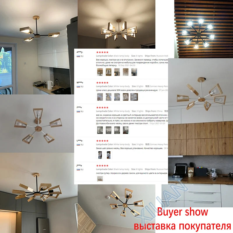 Black White Modern Ceiling Chandelier Lamp 3/5/6/8 Lights E27 Windmill LED Nordic Wooden Hanging Light for Living Room Bedroom