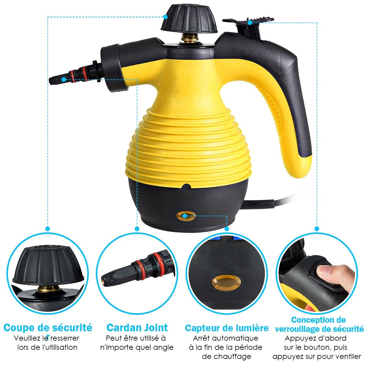 Nettoyeur Vapeur À Main Portable 900-1050W Réservoir 350ML 9 Accessoires Jaune