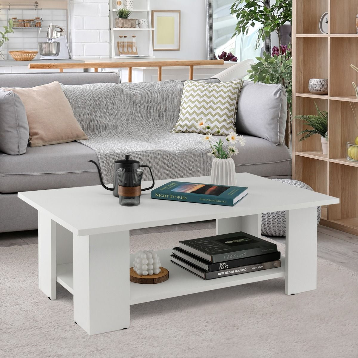 Table Basse En Bois À 2 Niveaux Avec Etagère Ouverte Style Moderne Pour Salon Chambre 90 X 52 X 32 Cm Blanc
