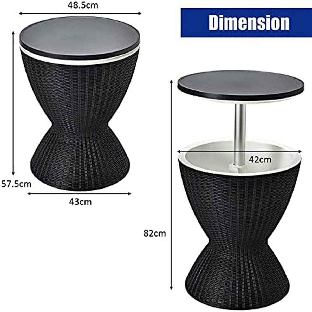 Seau À Glace 2 En 1 Table Basse 30L Avec Plateau Relevable Ø 43 X 57,5-82H Cm Imitation Rotin Marron/Noir