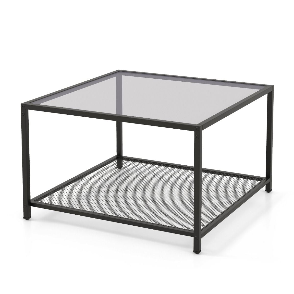 Table Basse Carrée En Verre Trempé 2 Niveaux Étagère En Maille Cadre En Métal Pieds Réglables Gris/Transparent