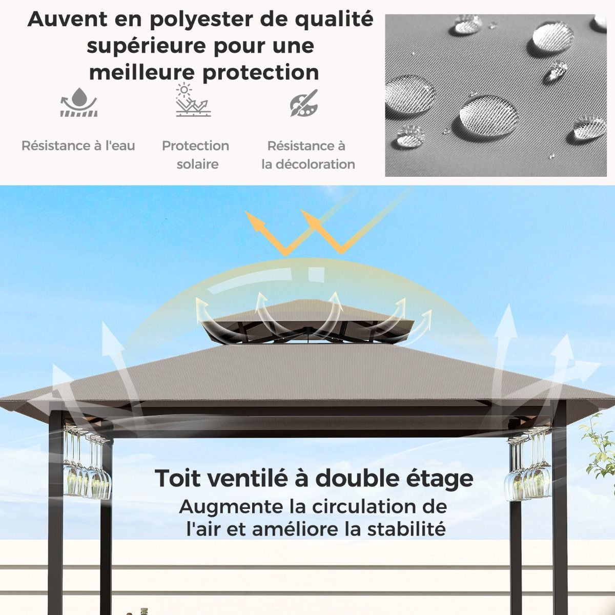 Tonnelle De Barbecue 3 Pcs Avec 2 Tabourets De Bar Abri Barbecue Avec Plateau En Verre Trempé Étagères En Métal 194X121X242Cm Gris/Marron