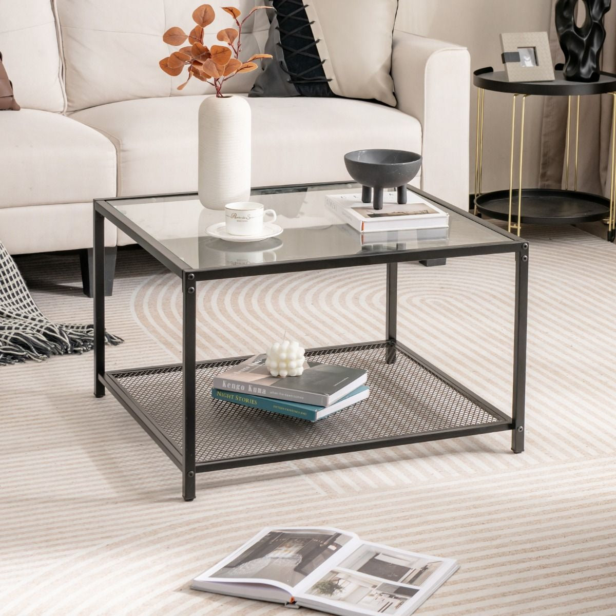 Table Basse Carrée En Verre Trempé 2 Niveaux Étagère En Maille Cadre En Métal Pieds Réglables Gris/Transparent