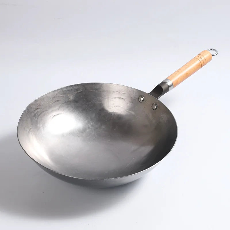 Wok en acier au carbone chinois avec marteau à l’oreille fait à la main, grand wok en fer, antiadhésif, non-Coating, batterie de cuisine au gaz saine