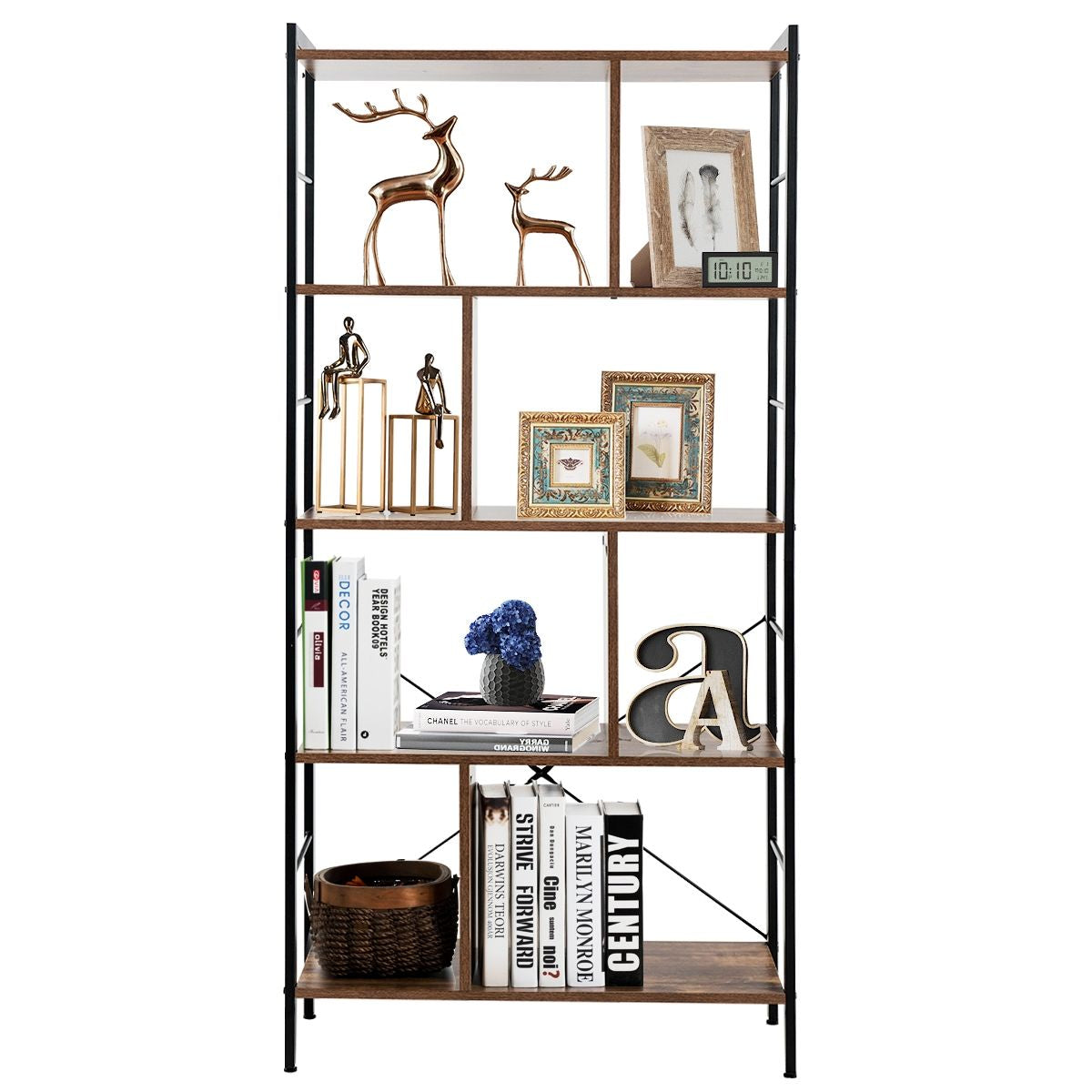Bibliothèque À 5 Niveaux Style Industriel Etagère De Rangement Moderne Capacité 100 Kg En Acier 74X30X155Cm Brun