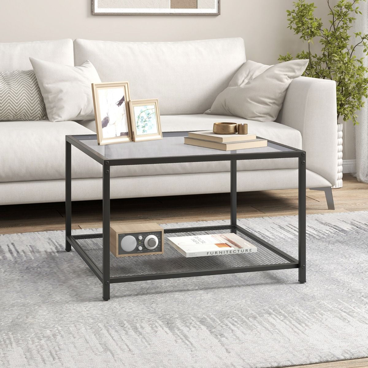 Table Basse Carrée En Verre Trempé 2 Niveaux Étagère En Maille Cadre En Métal Pieds Réglables Gris/Transparent