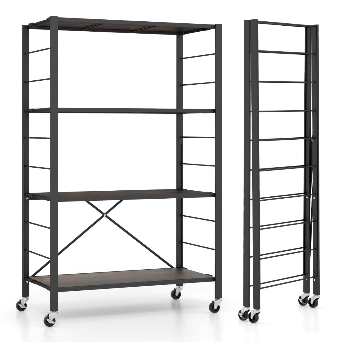 Étagère De Rangement Pliable À 4 Niveaux Étagère Réglable Avec Roues Verrouillables Unité De Rangement Domestique Organisateur De Rangement Noir