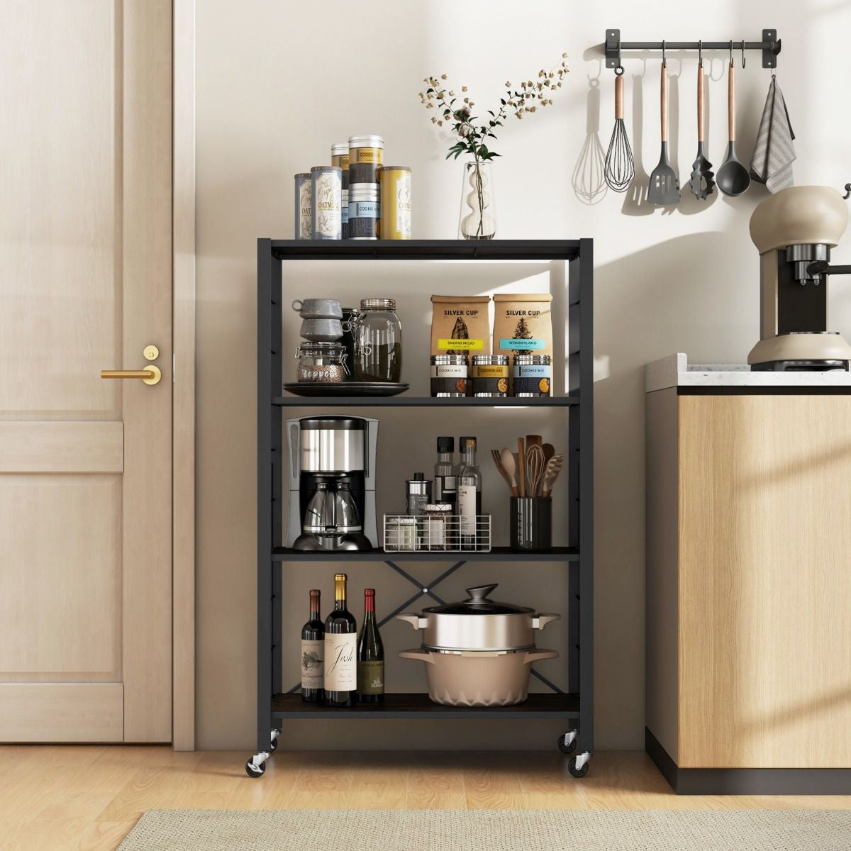 Étagère De Rangement Pliable À 4 Niveaux Étagère Réglable Avec Roues Verrouillables Unité De Rangement Domestique Organisateur De Rangement Noir