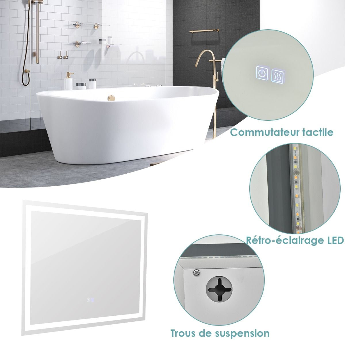 Miroir De Salle De Bain LED 80 X 60 Cm Avec 3 Eclairages Interrupteur Tactile Et Fonction Anti-Buée