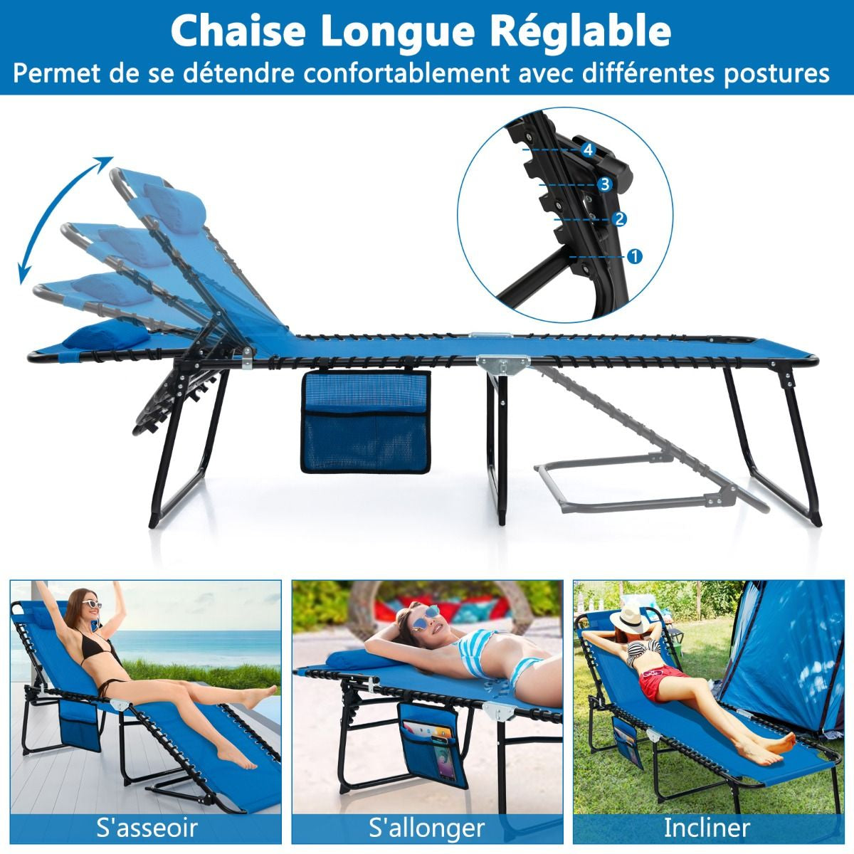 Chaise Longue Pliante Avec Appuie-Tête Amovible Dossier Réglable À 4 Positions Acier Antirouille Pour Camping Terrasse Noir/Bleu/Gris