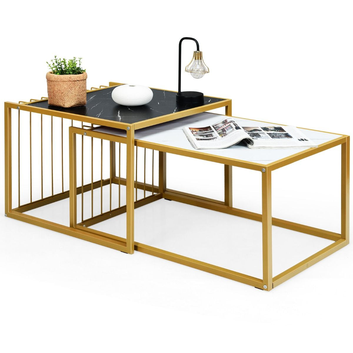 Lot De 2 Tables Basses Gigognes Surface En Marbre Artificiel Réaliste Scandinave Moderne Structure En Métal