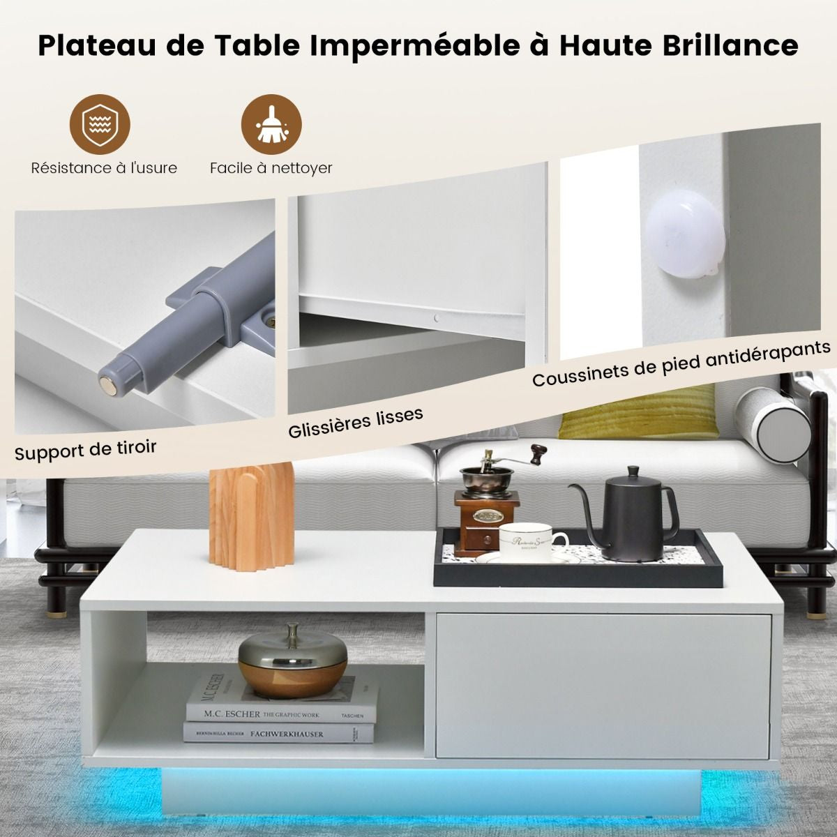 Table Basse Contemporain Avec Lumières LED 20 Couleurs 95X55X31 CM Table De Salon Avec Grand Tiroir Et Compartiment Blanc/Noir