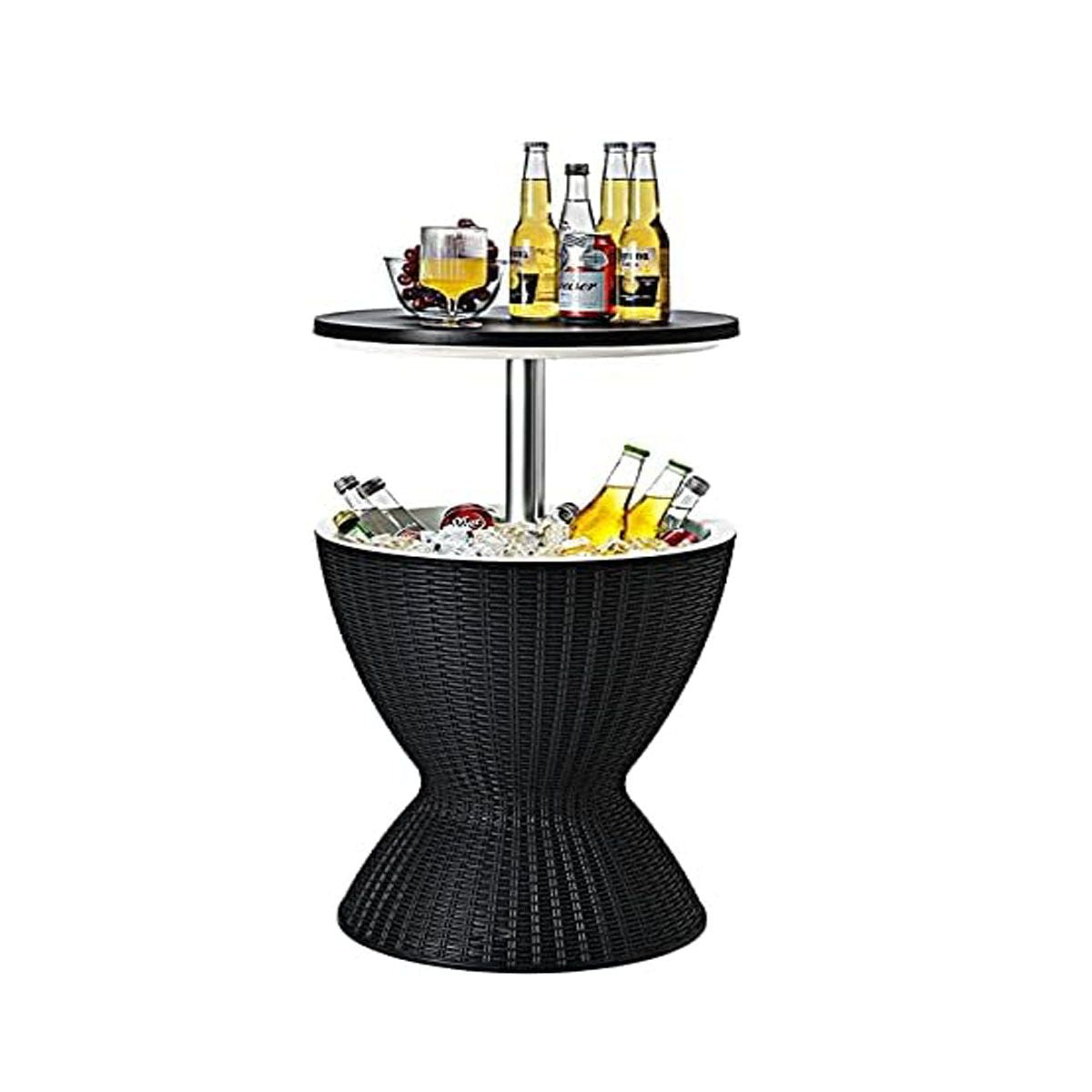Seau À Glace 2 En 1 Table Basse 30L Avec Plateau Relevable Ø 43 X 57,5-82H Cm Imitation Rotin Marron/Noir