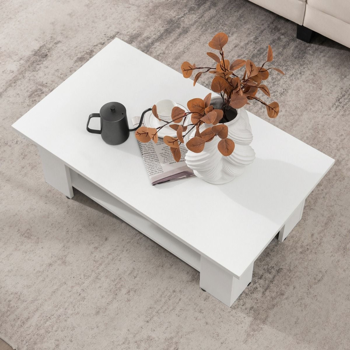 Table Basse En Bois À 2 Niveaux Avec Etagère Ouverte Style Moderne Pour Salon Chambre 90 X 52 X 32 Cm Blanc