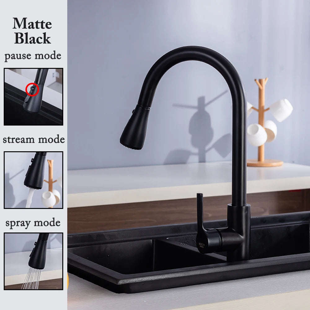 Robinet de cuisine noir Robinet de cuisine à tirer Mitigeur d’évier de cuisine Robinet brossé Nickle Stream Pulvérisateur Tête Chrome Robinet d’eau de cuisine