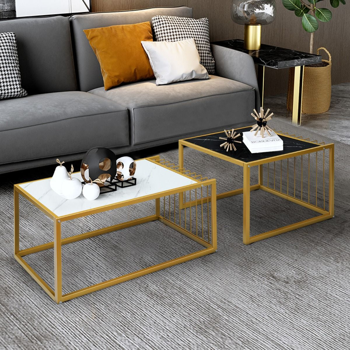 Lot De 2 Tables Basses Gigognes Surface En Marbre Artificiel Réaliste Scandinave Moderne Structure En Métal