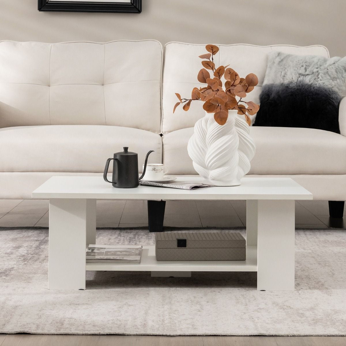 Table Basse En Bois À 2 Niveaux Avec Etagère Ouverte Style Moderne Pour Salon Chambre 90 X 52 X 32 Cm Blanc