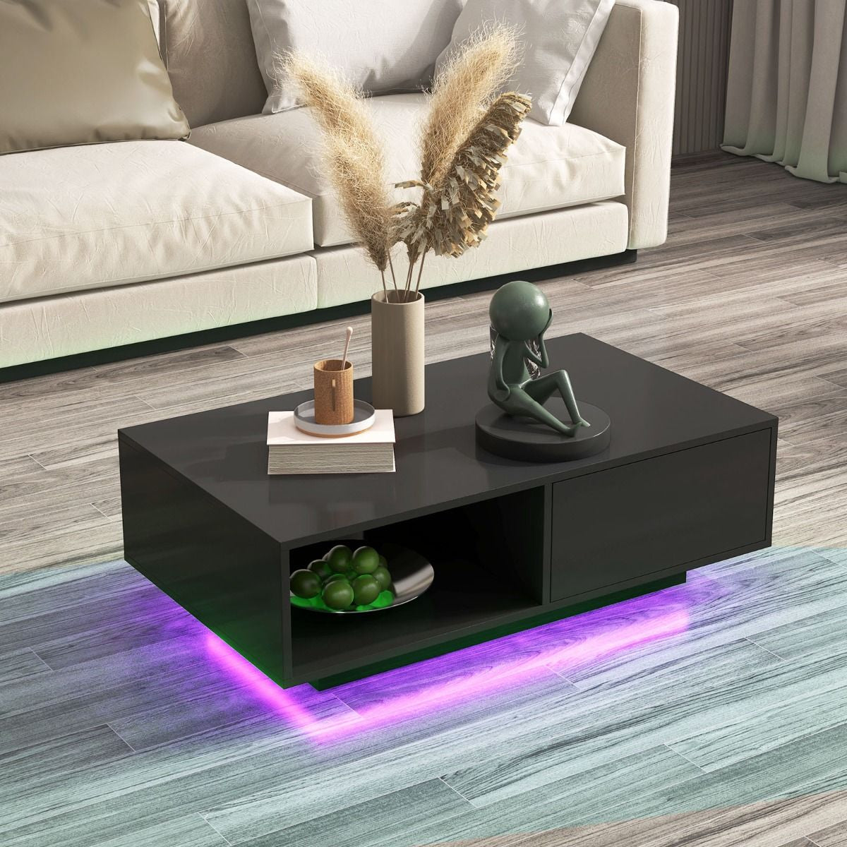 Table Basse Contemporain Avec Lumières LED 20 Couleurs 95X55X31 CM Table De Salon Avec Grand Tiroir Et Compartiment Blanc/Noir