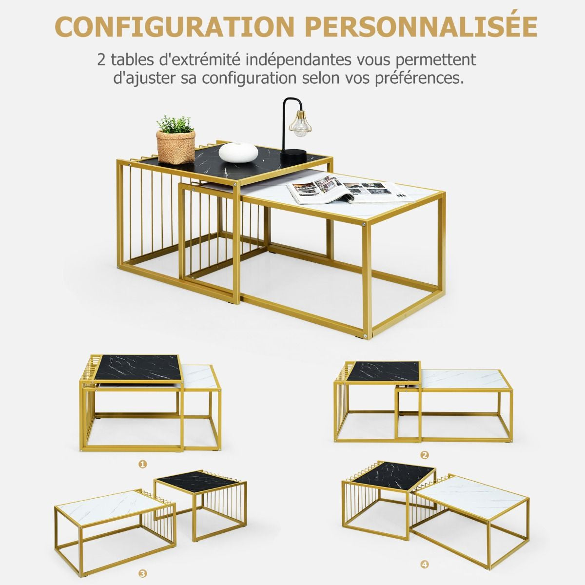 Lot De 2 Tables Basses Gigognes Surface En Marbre Artificiel Réaliste Scandinave Moderne Structure En Métal