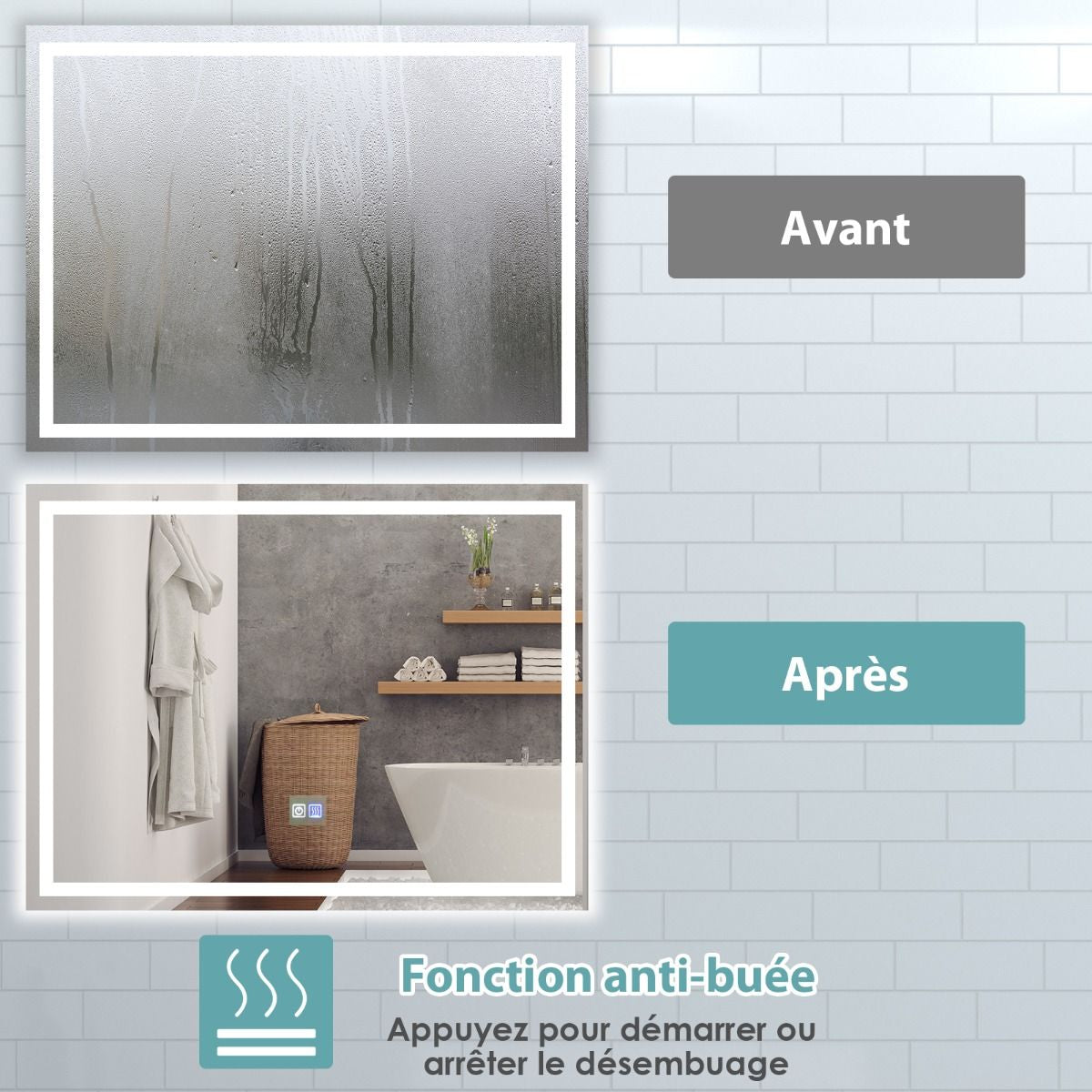 Miroir De Salle De Bain LED 80 X 60 Cm Avec 3 Eclairages Interrupteur Tactile Et Fonction Anti-Buée