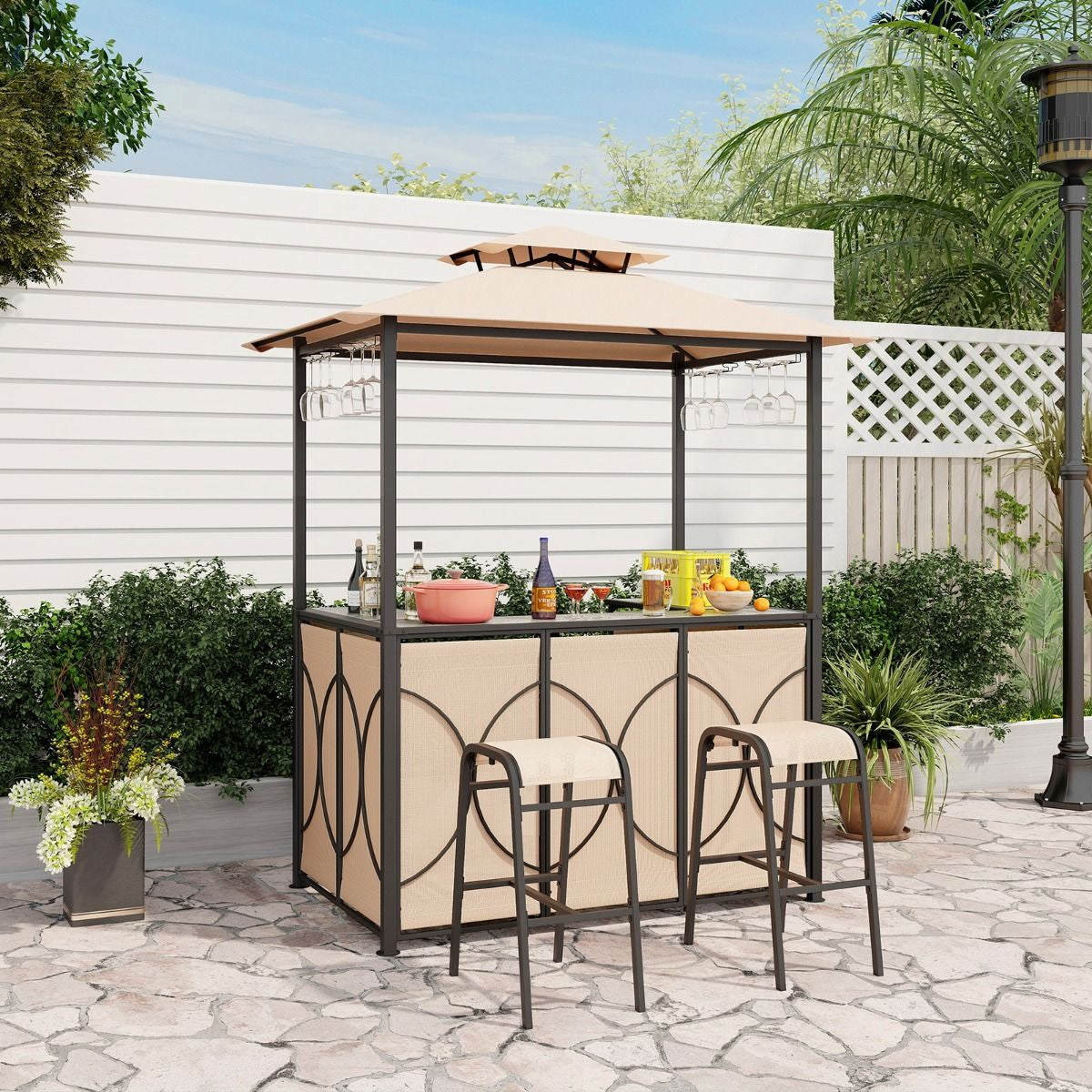 Tonnelle De Barbecue 3 Pcs Avec 2 Tabourets De Bar Abri Barbecue Avec Plateau En Verre Trempé Étagères En Métal 194X121X242Cm Gris/Marron