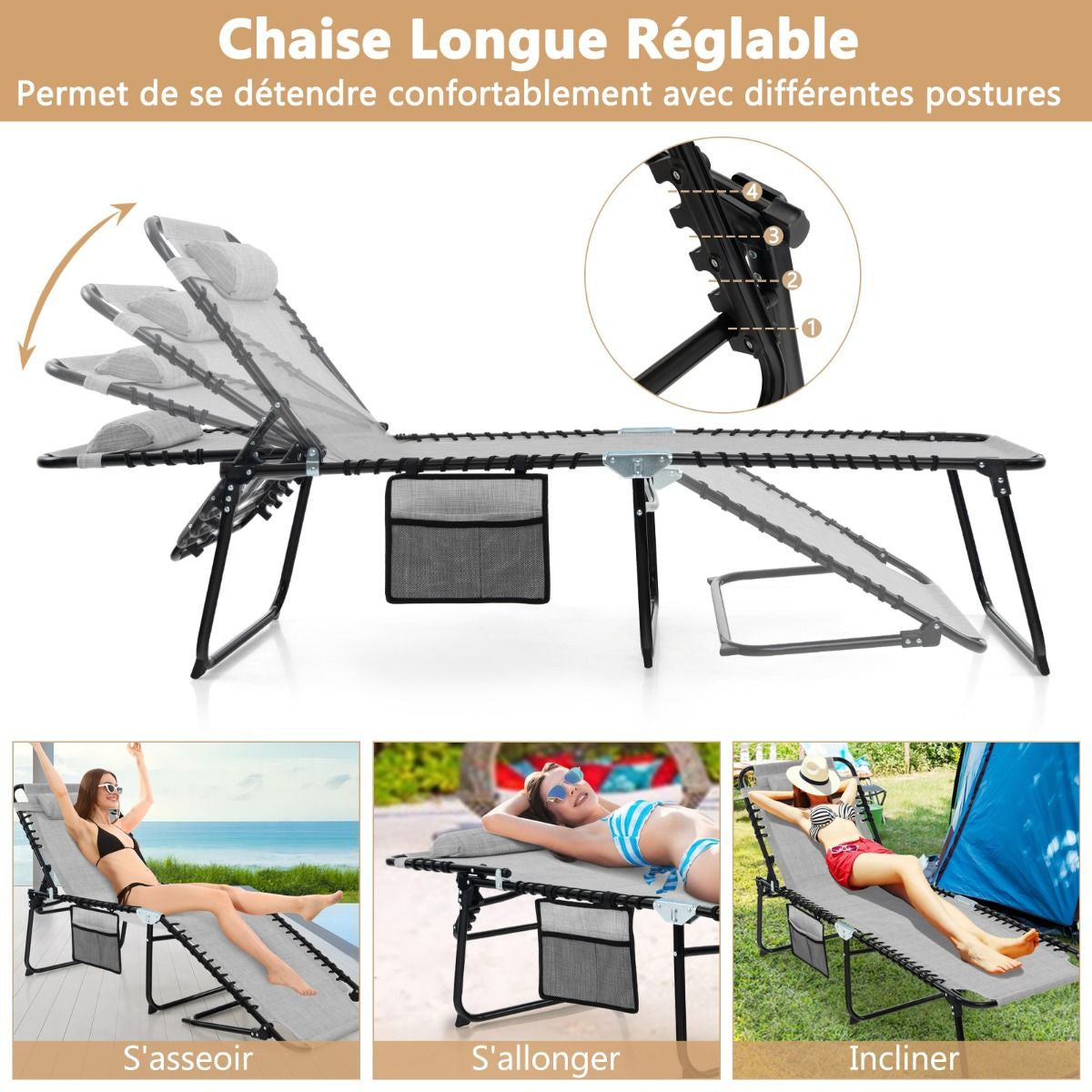 Chaise Longue Pliante Avec Appuie-Tête Amovible Dossier Réglable À 4 Positions Acier Antirouille Pour Camping Terrasse Noir/Bleu/Gris