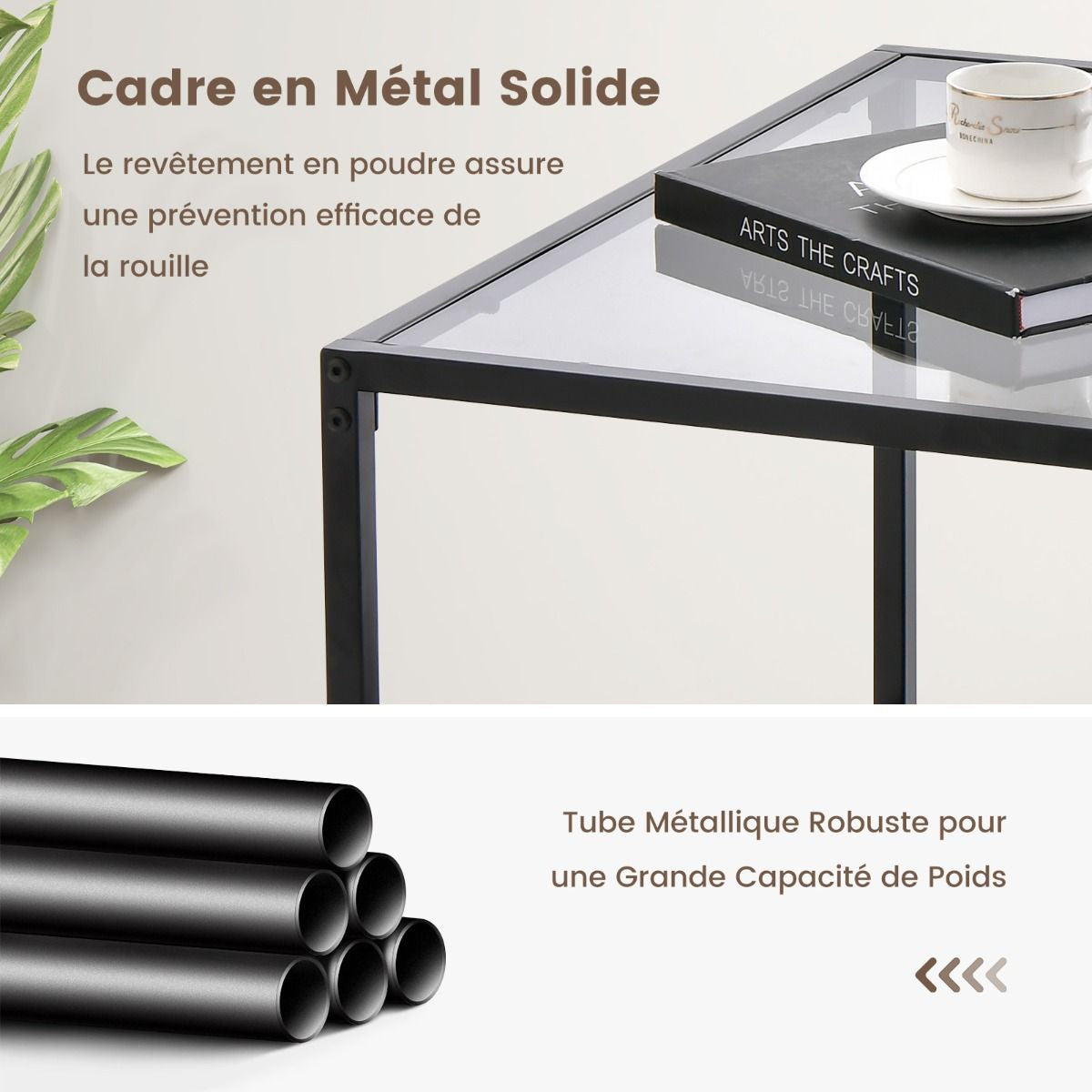Table Basse Carrée En Verre Trempé 2 Niveaux Étagère En Maille Cadre En Métal Pieds Réglables Gris/Transparent