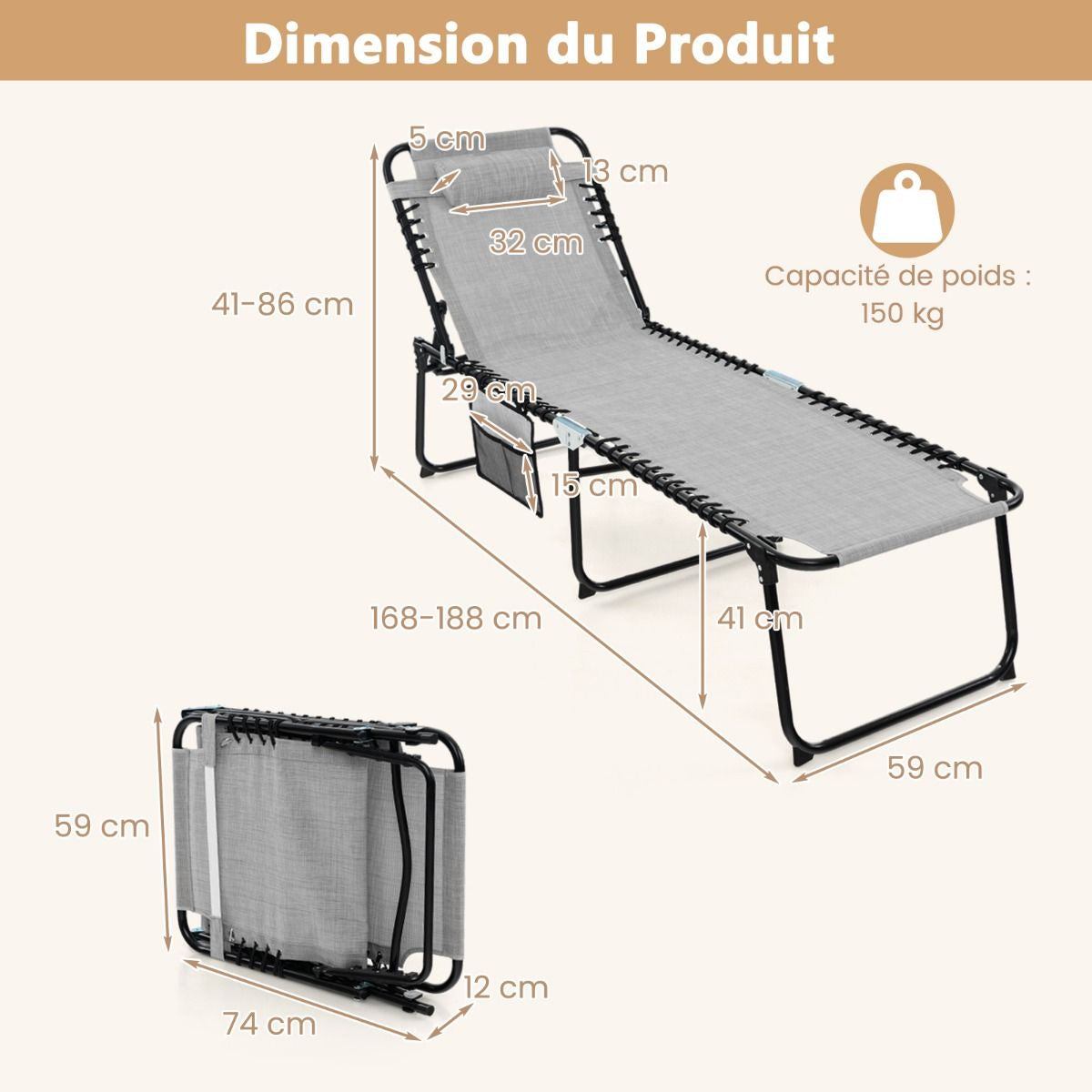 Chaise Longue Pliante Avec Appuie-Tête Amovible Dossier Réglable À 4 Positions Acier Antirouille Pour Camping Terrasse Noir/Bleu/Gris