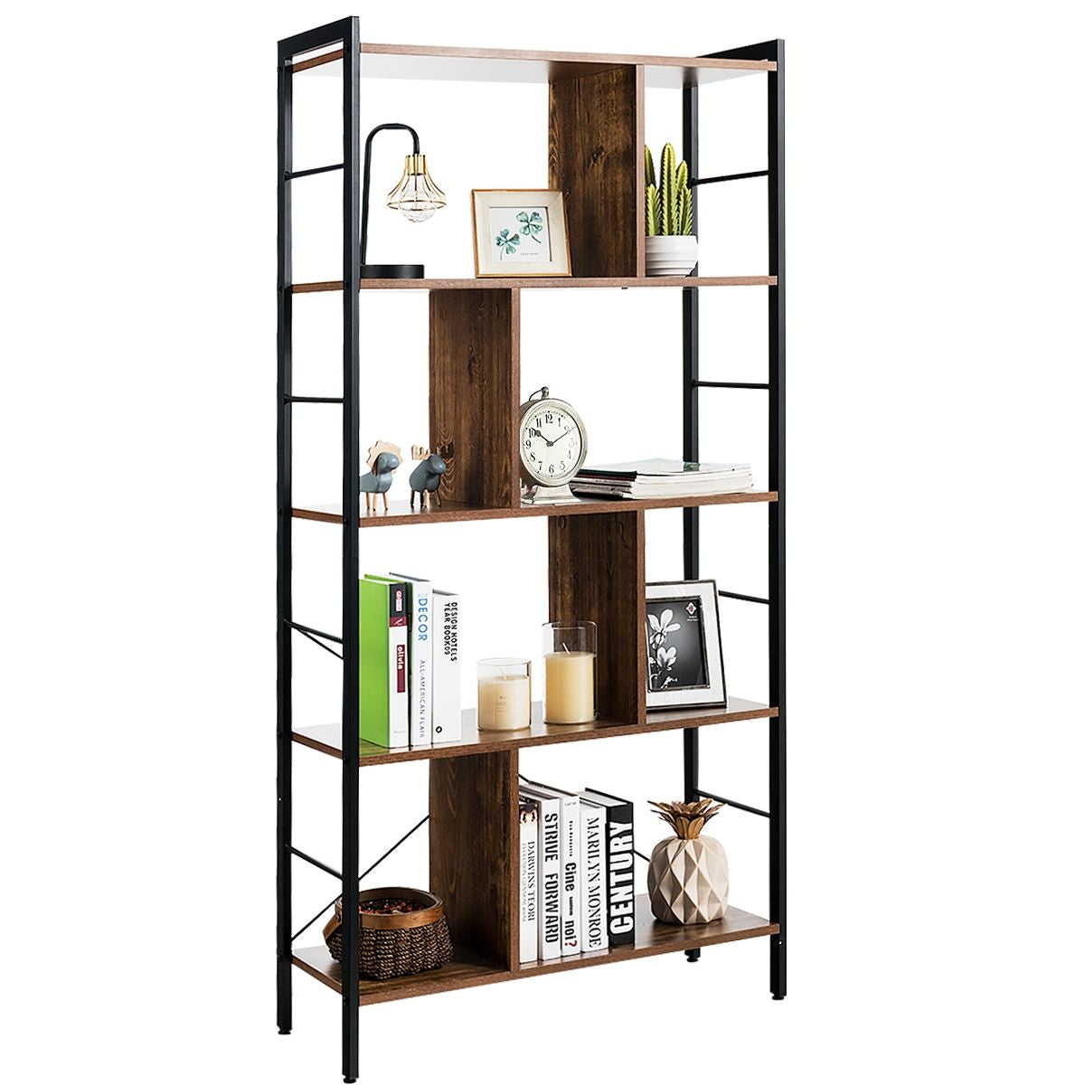 Bibliothèque À 5 Niveaux Style Industriel Etagère De Rangement Moderne Capacité 100 Kg En Acier 74X30X155Cm Brun