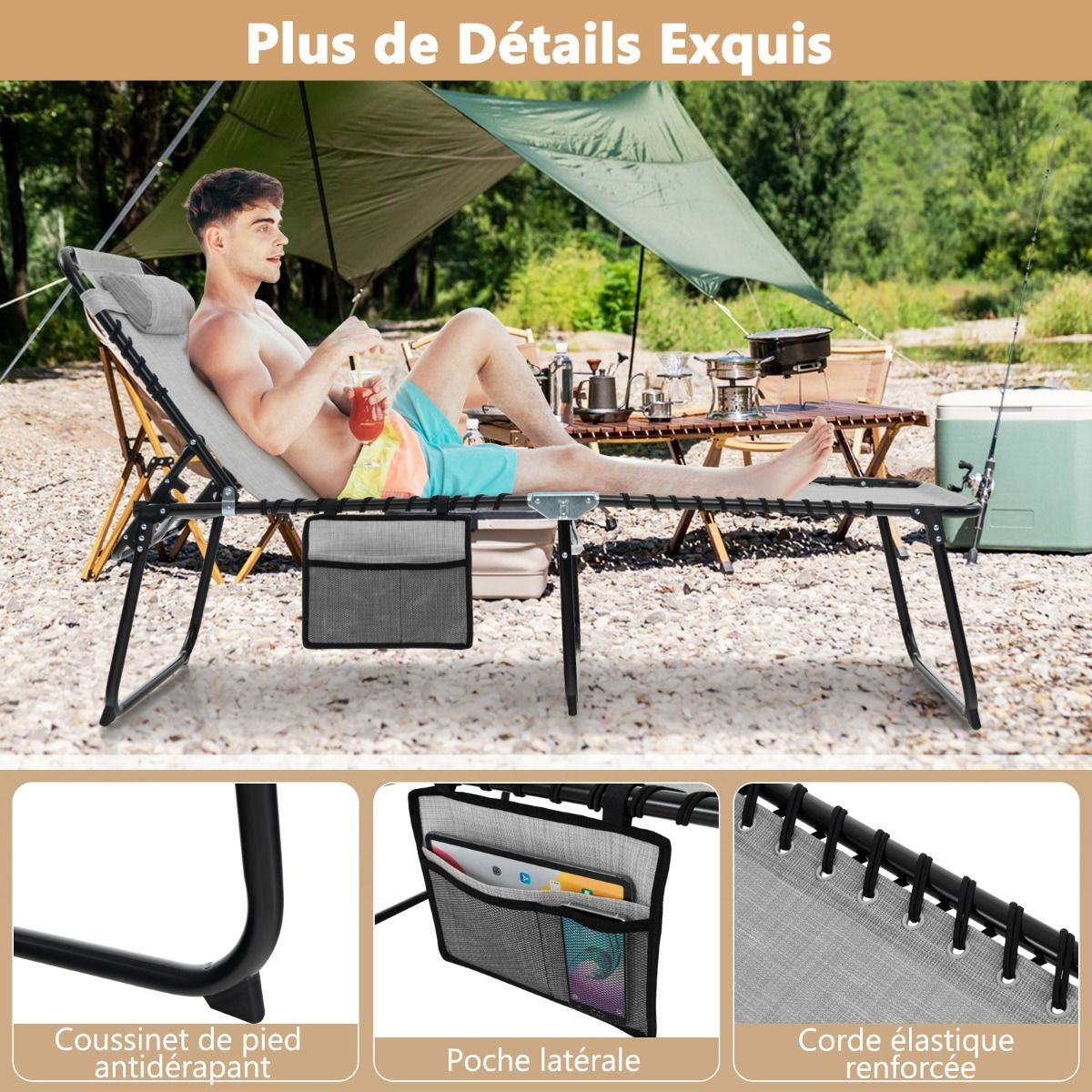 Chaise Longue Pliante Avec Appuie-Tête Amovible Dossier Réglable À 4 Positions Acier Antirouille Pour Camping Terrasse Noir/Bleu/Gris