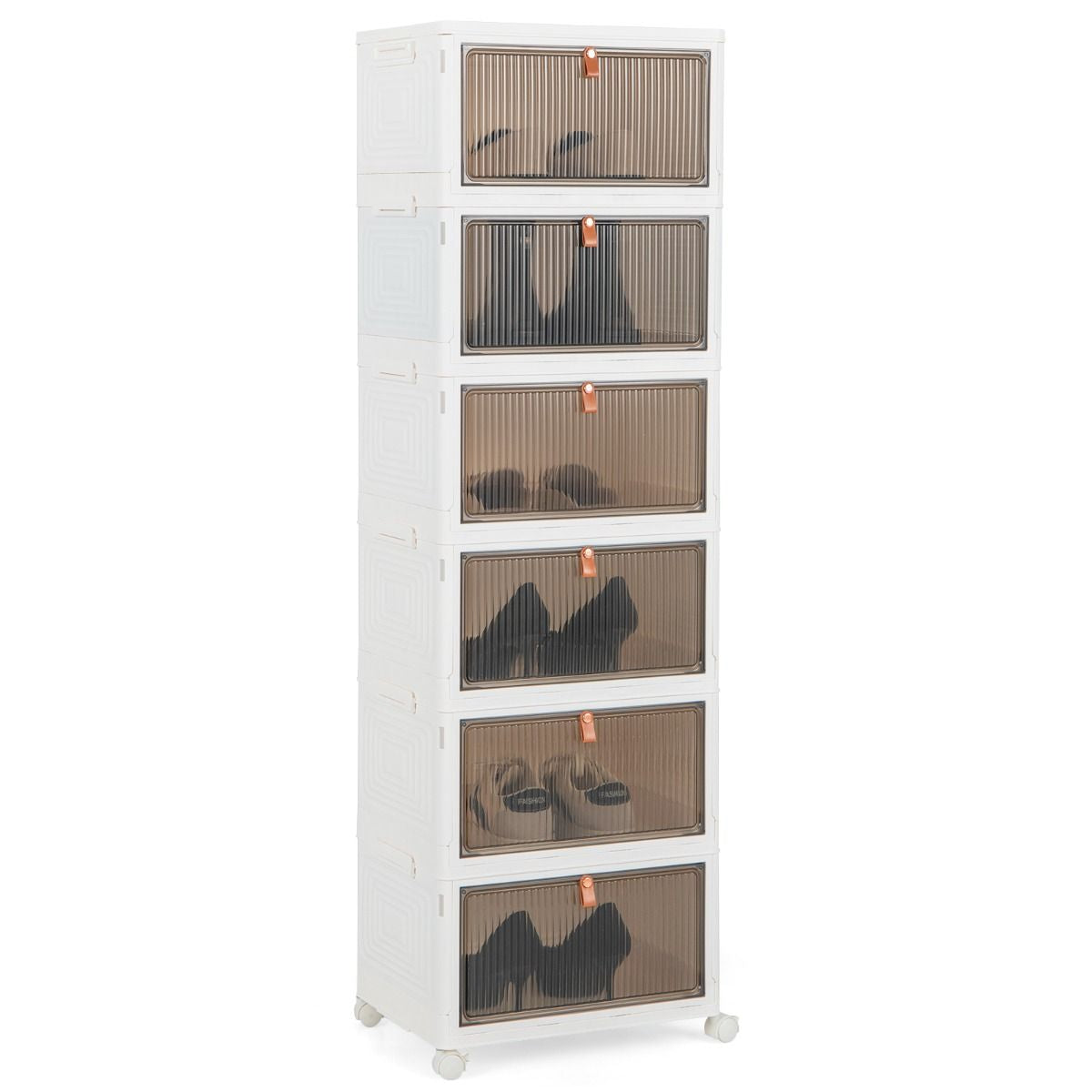 Boîte De Rangement De Chaussures Pliable 6 Niveaux Portes Transparentes Magnétiques Roues Universelles Verrouillables Pour Baskets Jouets Blanc