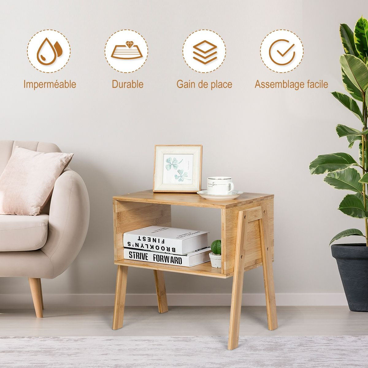 Lot De 2 Table De Chevet Matériau Non-Toxique Avec Compartiment De Rangement Ouvert Naturel