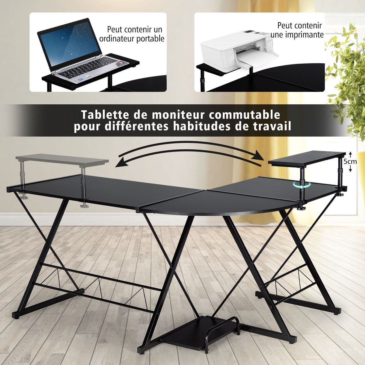 Bureau D'Angle En Forme L Détachable Avec Support Pour Moniteur 147X112X79Cm Noyer/Noir/Antique