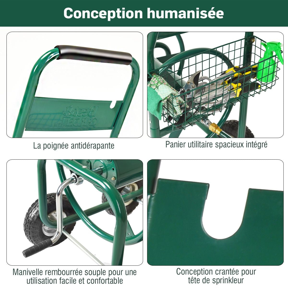 Dévidoir De Tuyau D’Arrosage Avec 4 Roulettes Chariot Pour 1.7M De Tuyau D’Arrosage Panier, 95X62X113Cm, Vert