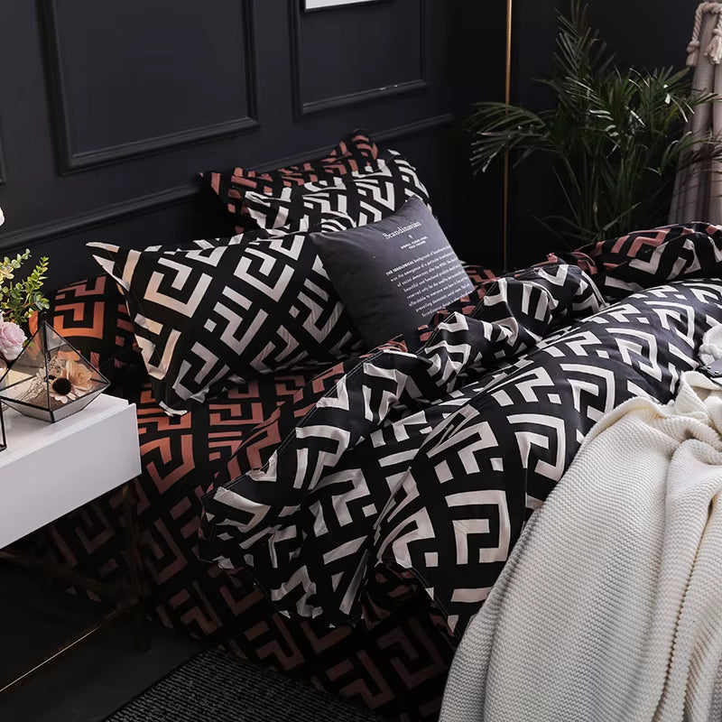 Ensemble de literie de luxe noir, lit Queen King simple, grande taille, en polyester, housse de couette, ensemble plaid moderne oiseau avec taie d’oreiller