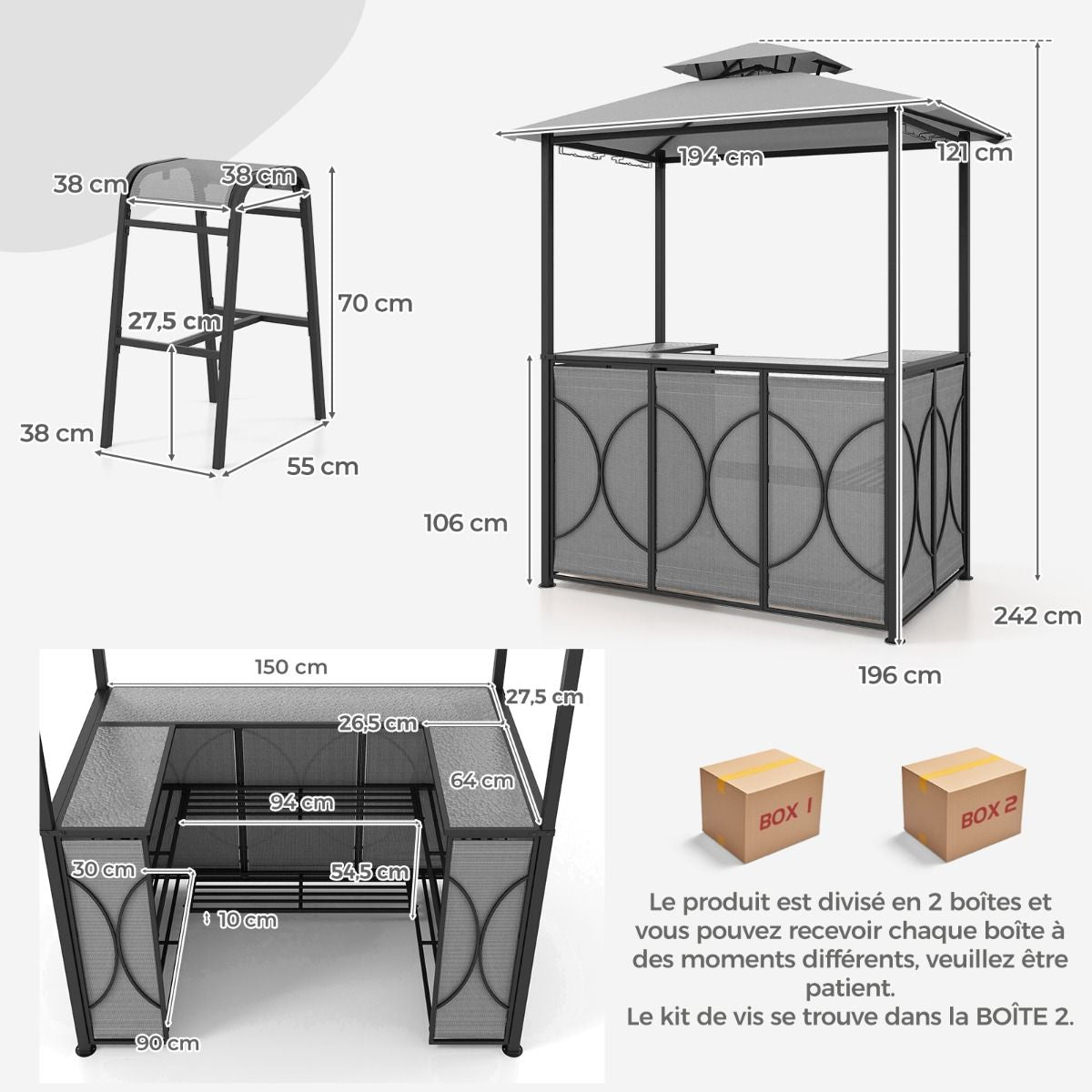 Tonnelle De Barbecue 3 Pcs Avec 2 Tabourets De Bar Abri Barbecue Avec Plateau En Verre Trempé Étagères En Métal 194X121X242Cm Gris/Marron