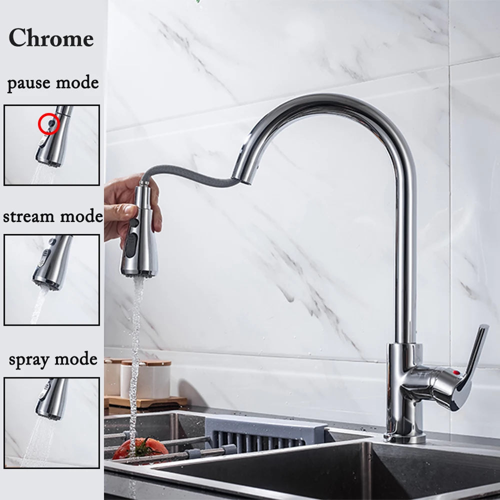 Robinet de cuisine noir Robinet de cuisine à tirer Mitigeur d’évier de cuisine Robinet brossé Nickle Stream Pulvérisateur Tête Chrome Robinet d’eau de cuisine
