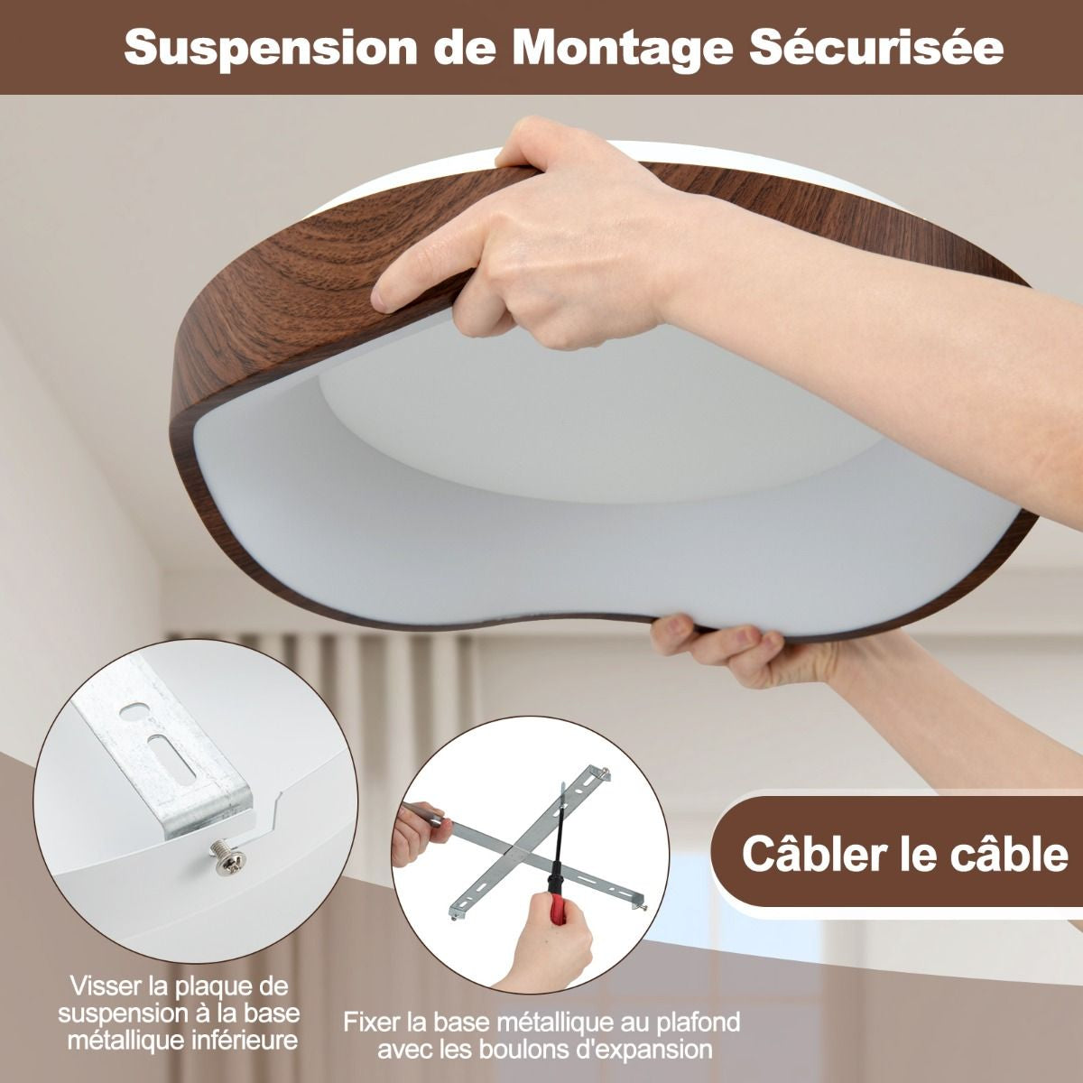 Plafonnier LED Luminaire Moderne 24 W Avec Motif En Bois Cadre En Métal Lustre À Éclairage LED 3000 K Lumière Chaude Plafonnier LED Marron