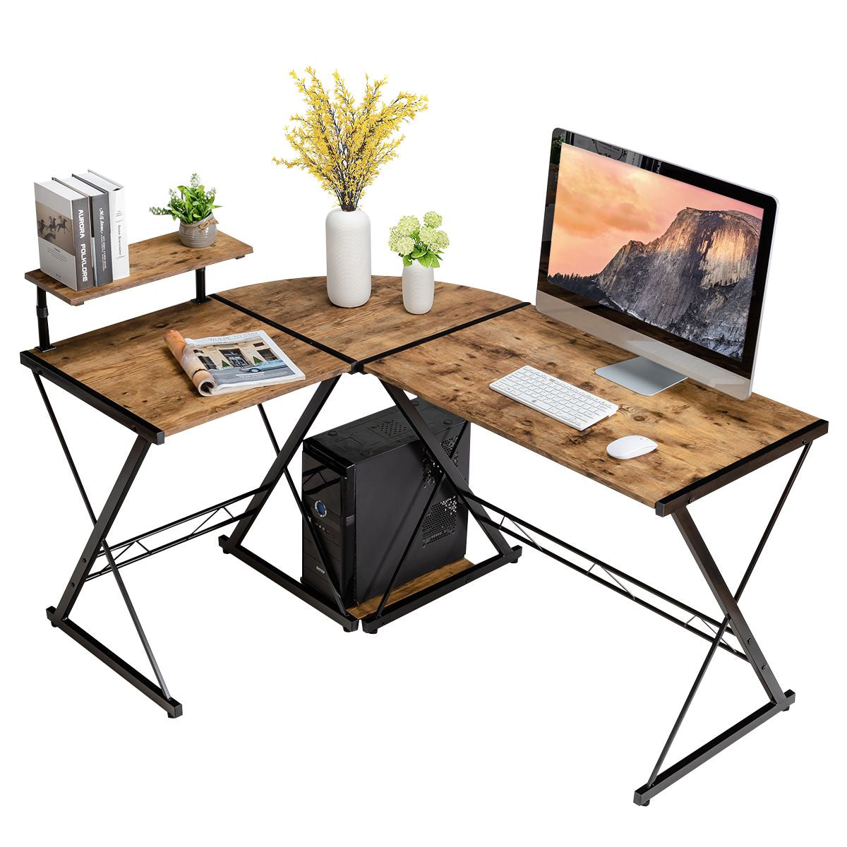 Bureau D'Angle En Forme L Détachable Avec Support Pour Moniteur 147X112X79Cm Noyer/Noir/Antique