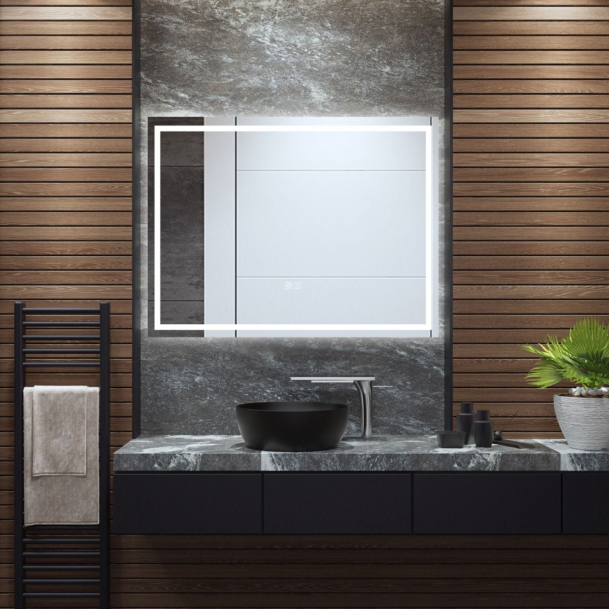 Miroir De Salle De Bain LED 80 X 60 Cm Avec 3 Eclairages Interrupteur Tactile Et Fonction Anti-Buée