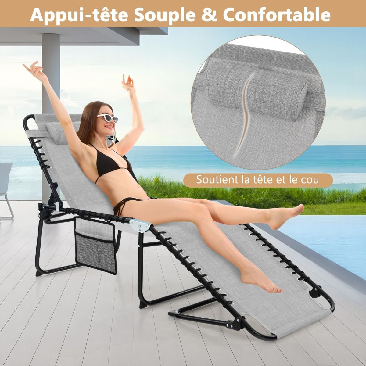 Chaise Longue Pliante Avec Appuie-Tête Amovible Dossier Réglable À 4 Positions Acier Antirouille Pour Camping Terrasse Noir/Bleu/Gris
