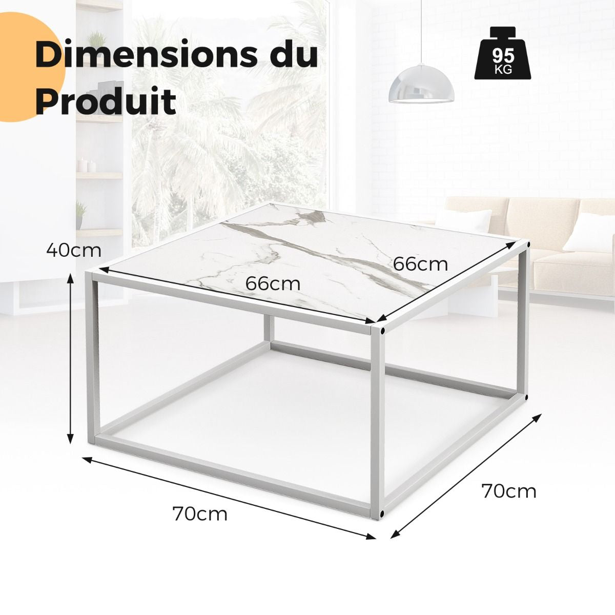 Table Basse Carrée Moderne Avec Dessus De Table En Faux Marbre Et Structure En Acier Blanc