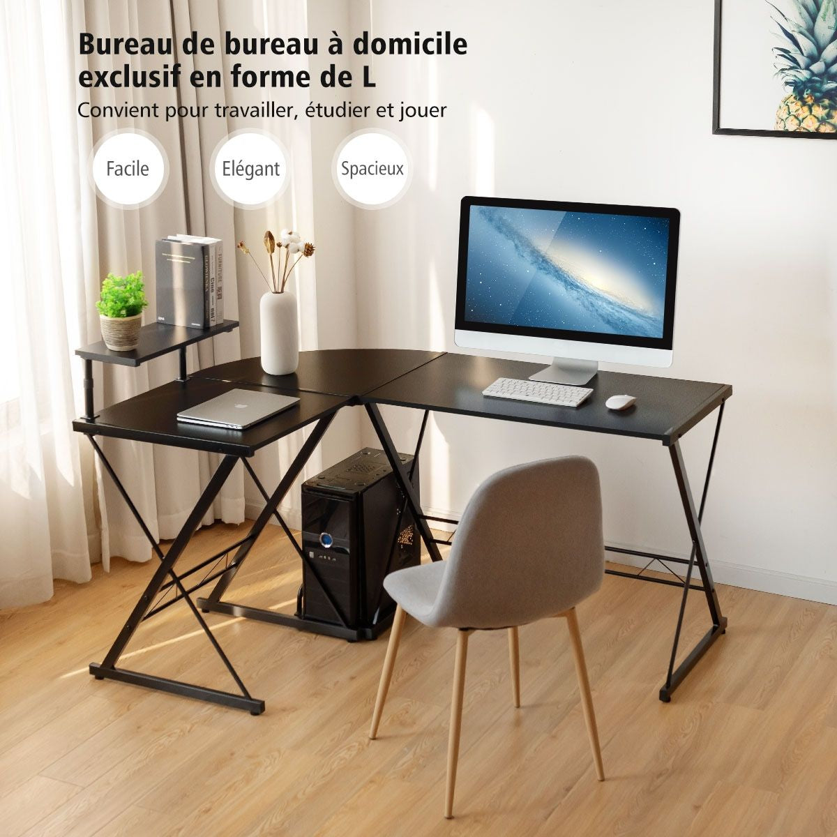 Bureau D'Angle En Forme L Détachable Avec Support Pour Moniteur 147X112X79Cm Noyer/Noir/Antique