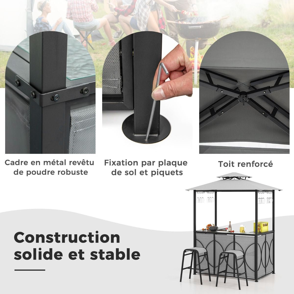 Tonnelle De Barbecue 3 Pcs Avec 2 Tabourets De Bar Abri Barbecue Avec Plateau En Verre Trempé Étagères En Métal 194X121X242Cm Gris/Marron